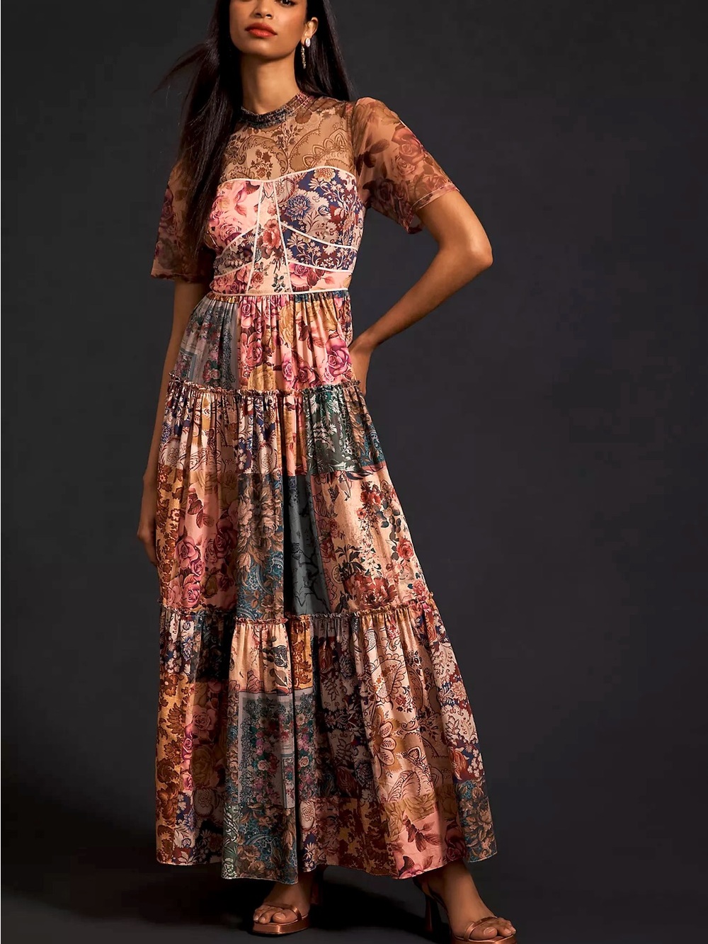 Geisha Designs Anthropologie Patchwork Floral Maxi Dress Pink Multi Mesh Size 4